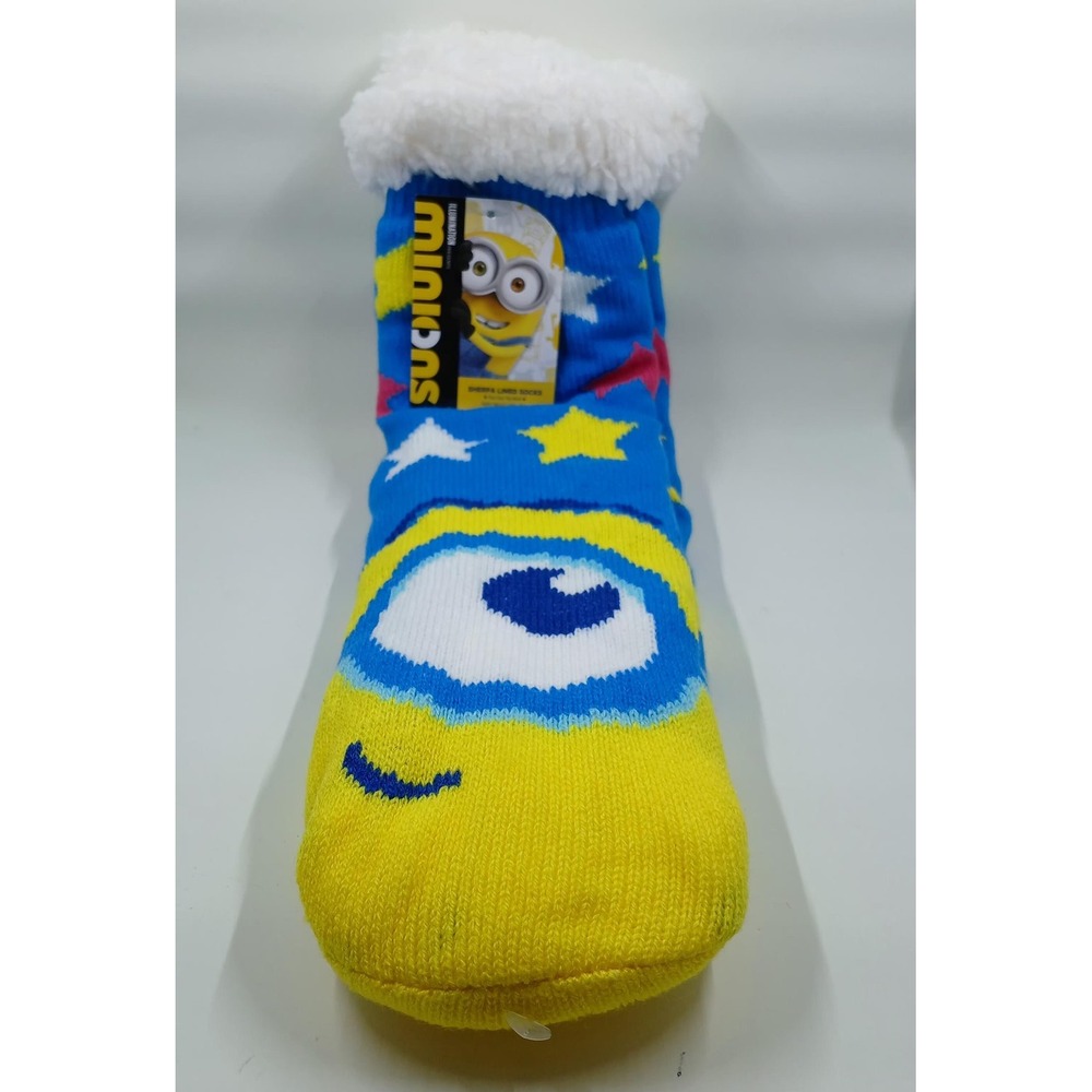 Minions Sherpa Lined Socks One Size Blue Yellow Slipper‎ Non Slip Warm
